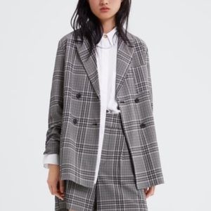 Zara Gray Plaid Belted Blazer Jacket Long Line